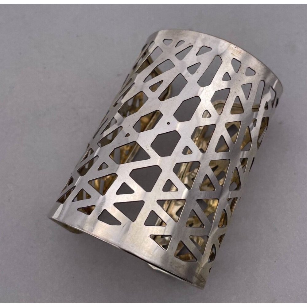 Geometric Openwork Cut Out Design Wide Cuff Bracelet Silver Tone